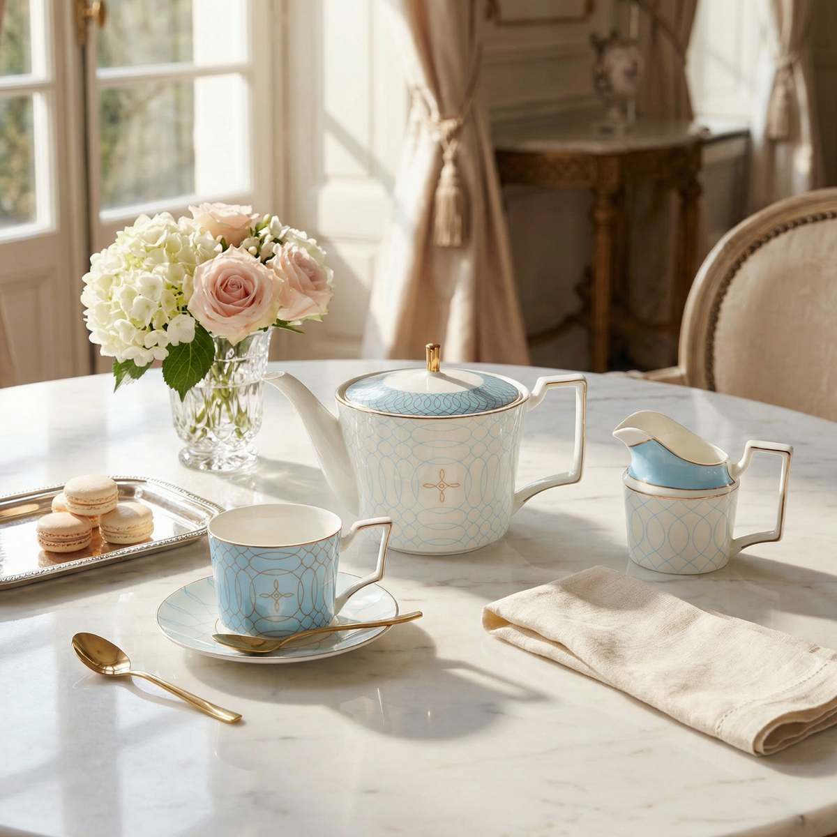 Bone China Tea Set for 6 | Luxury Blue Tea Set with Gold Detail