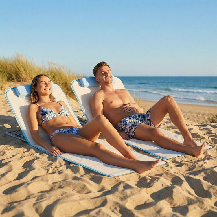 Outsunny Set of 2 Foldable Garden Beach Chair Mat, Lightweight Outdoor Sun Lounger Seats with Adjustable Back, Metal Frame, PE Fabric Head Pillow and Carry Bag, Cream White