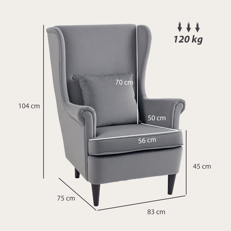 HOMCOM Modern Accent Chair, Upholstered Wingback Armchair with High Backrest and Pillow, Velvet-Feel Fabric Reading Chair with Solid Wood Legs for Living Room, Bedroom, Home Office, Dark Grey