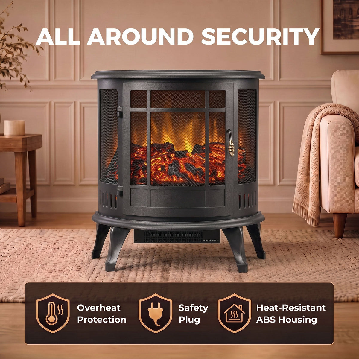 HOMCOM Electric Fireplace Stove, Freestanding Electric Fire Heater with Realistic LED Flame, 2000W, Black