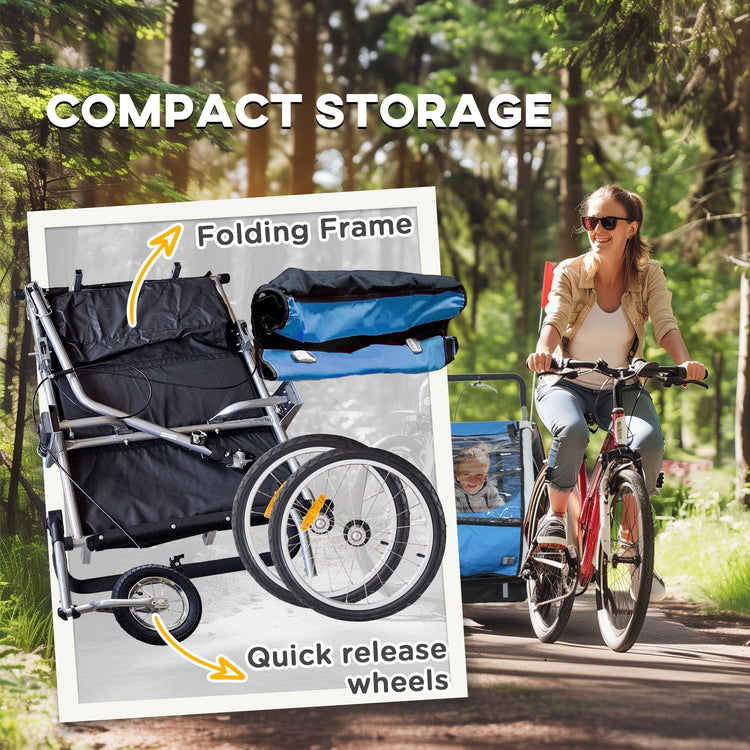 HOMCOM 2 Seat Bike Trailer with 5 Point Harness, Baby Bike Stroller with Safety Flag, Reflectors, for 18+ Months, Blue