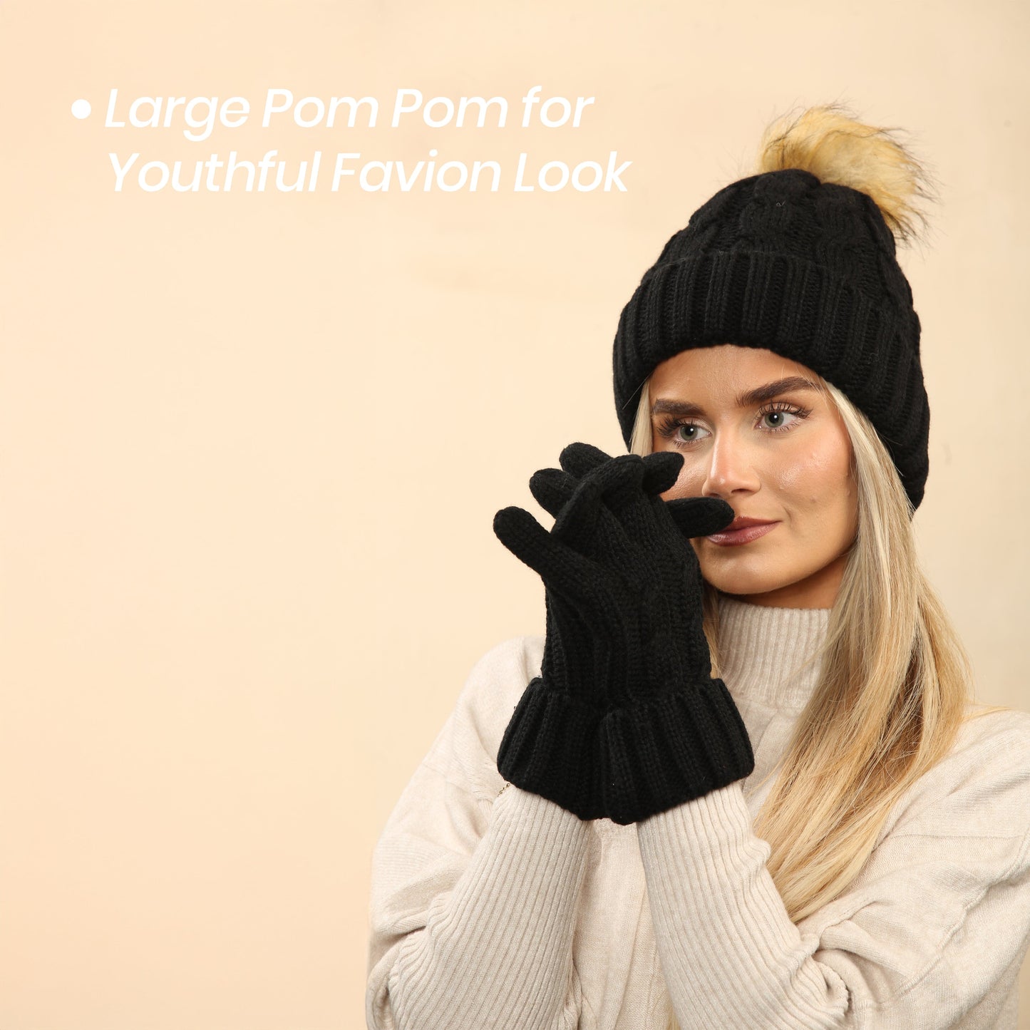 Heatwave Thermalwear Womens Black Chunky Knit Hat and Gloves Set with Faux Fur Pom Pom