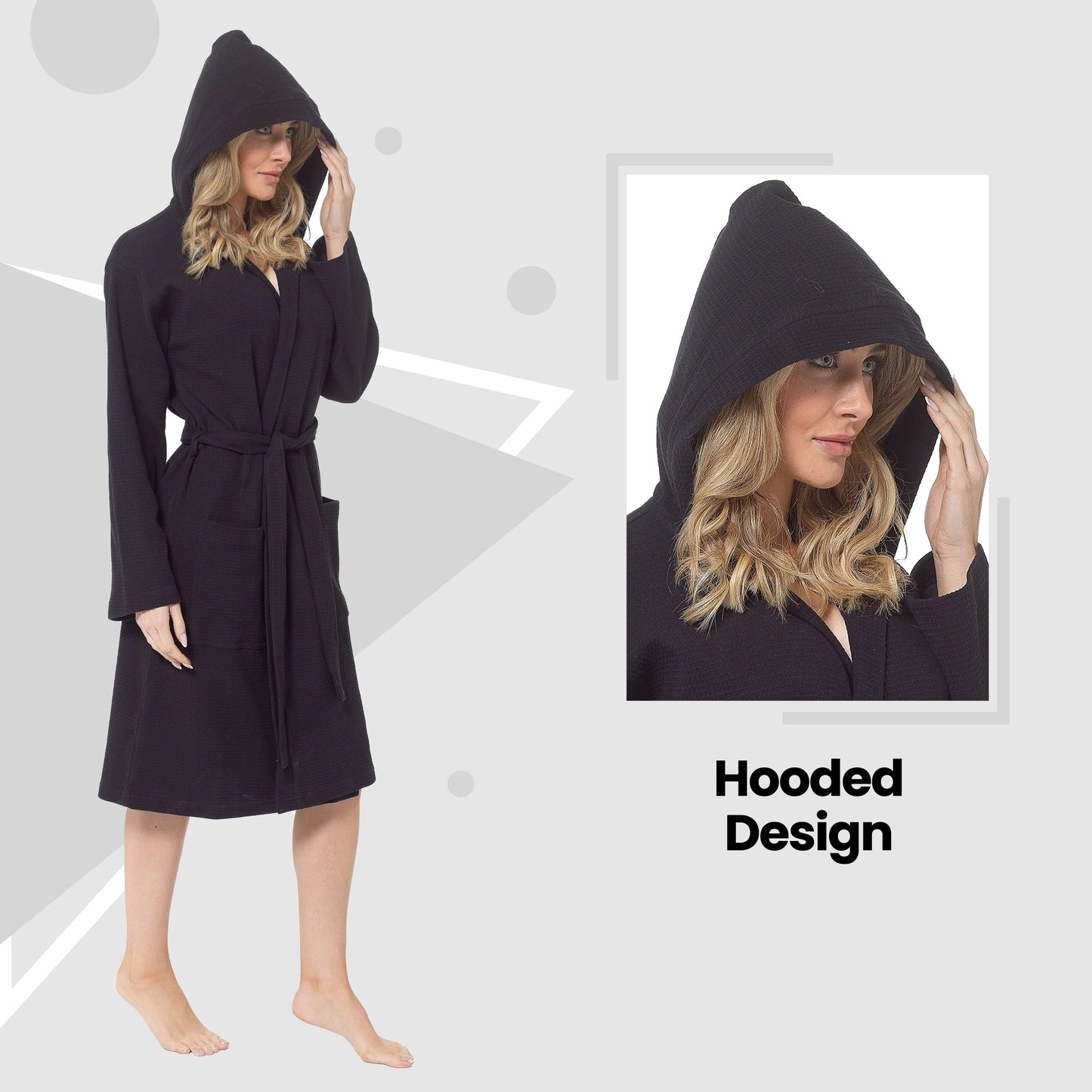 Daisy Dreamer Women's Hooded Waffle Cotton Bathrobe Black 100% Cotton Super Absorbent Spa