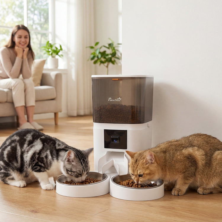 PawHut Automatic Cat Feeder for 2 Cats with HD Camera，2.4G & 5G WiFi Pet Food Dispenser 6L APP Control