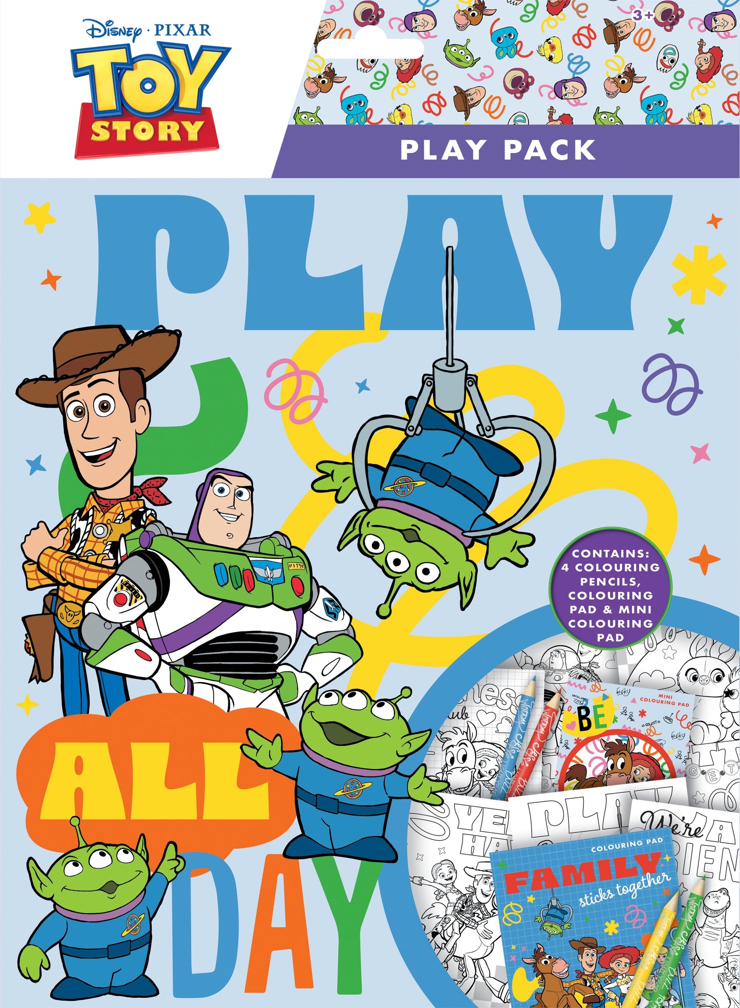 Toy Story Play Pack, Colouring Pad, Mini Colouring Pad, 4 Colouring Pencils and a Door Hanger.