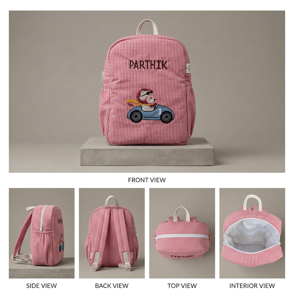 Little Racer Lion Personalised School Bag, Hand-Embroidered