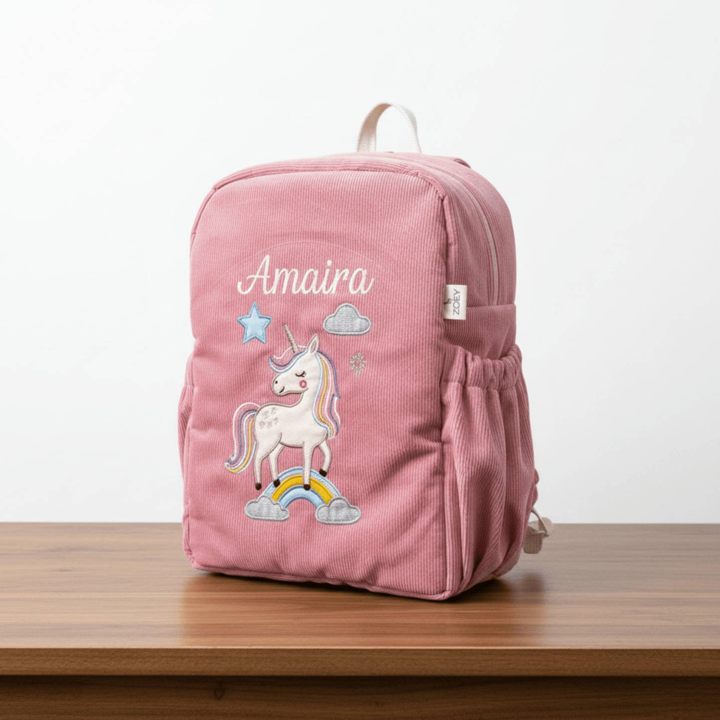 Unicorn Charm Personalised School Bag, Hand-Embroidered
